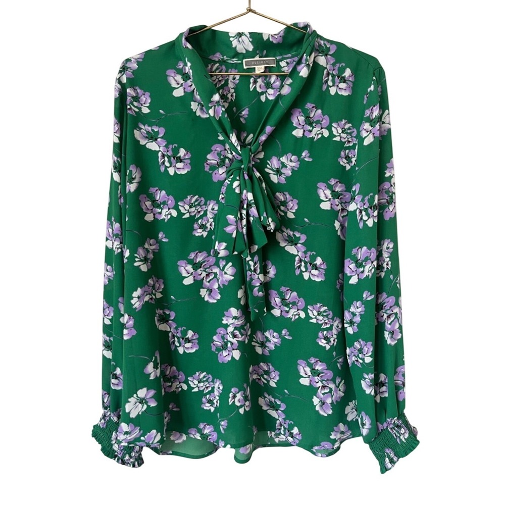 Antropology Pleione Green Floral Tie-Neck green office casual boho Blouse XL
